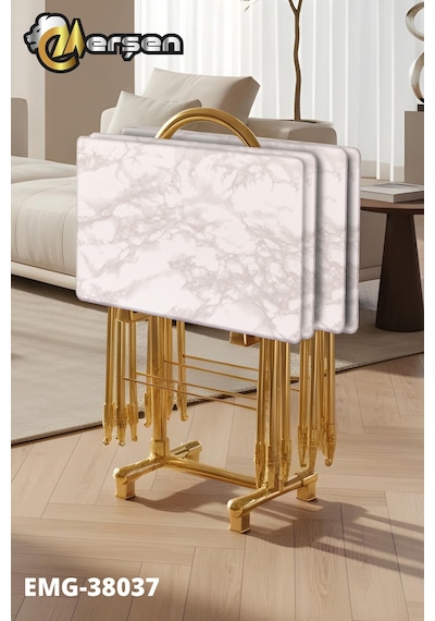 Eranş Serisi 4'lü Katlanır Mdf Mebran Ahşap Çanta Zigon Sehpa Gold Ayak Beyaz Mermer Desen Gold Ayak
