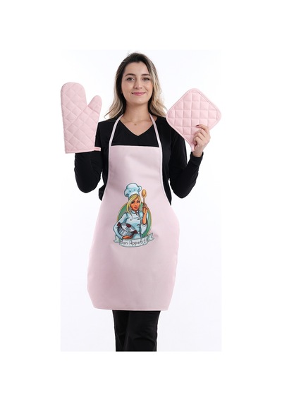 Beautiful Set Sıvı Geçirmez Su Geçirmez Mutfak Önlüğü 1 Eldiven 1 Tutacak Pembe