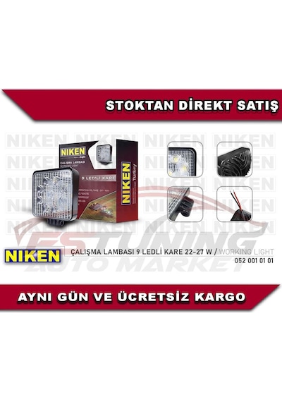 Niken Çalışma Led Lambası Off Road Gündüz Farı Sis Kare 27W 9 Led N11.1814