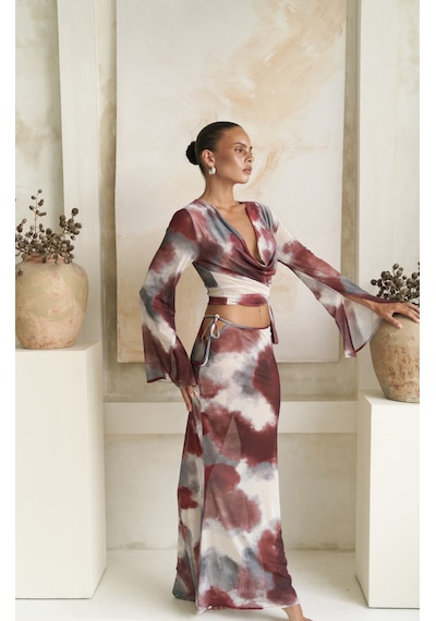 Mai Collection Mai Studios Co. Pnaisyonist Uzun Kol Bordo Crop Etek Takım Bordo
