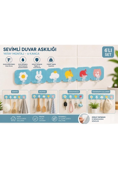 6'lı Yapışkanlı Duvar Askısı Şeffaf Kancalı Mutfak Ve Banyo Askı Seti 12 Izgara