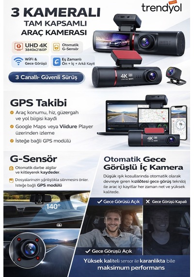 4k Araç Kamerası Gps,wifi Ve Park Kiti Hediye 7/24 Kayıt Mobil Uygulama Destekli Gece Görüş