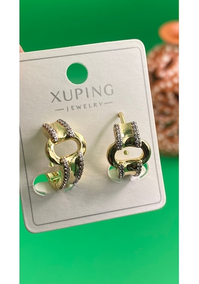 Xuping Altın Renk Taşlı Zincir Detaylı Halka Kadın Küpe Altın