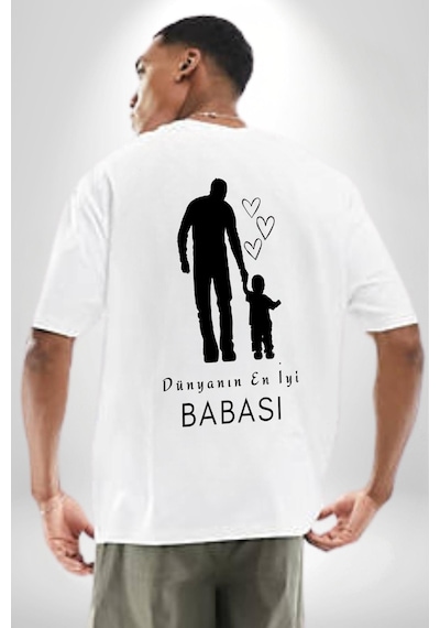 Babalar Günü Dünyanın En İyi Babası Beyaz Oversize Unisex Ön Ve Sırt Baskılı Tişört Beyaz