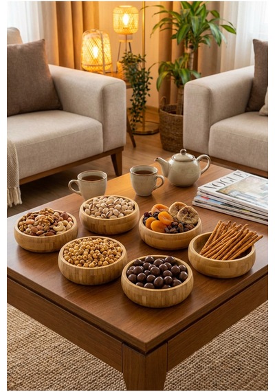 Makri Home Bambu 6'lı Çerezlik & Kuruyemiş Sunum Seti Yuvarlak Doğal Ahşap Servis Kasesi Bambu
