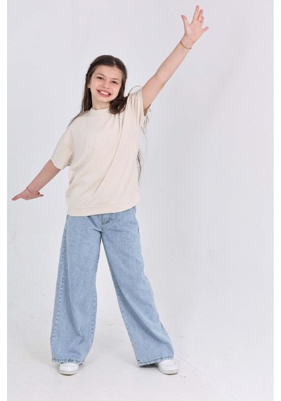 Modanino Kız Çocuk 2'li Jean Takım Pantolon+bluz 7-12 Yaş 12666 Ekru