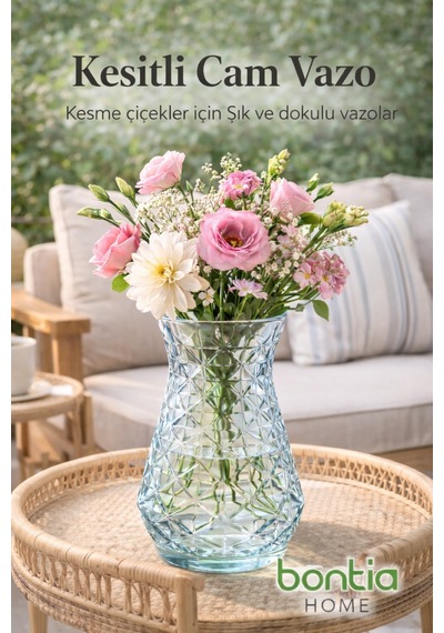 Kesitli Cam Vazo Şık Dekoratif Çiçek Vazosu Modern Tasarım, Dayanıklı Cam Şeffaf
