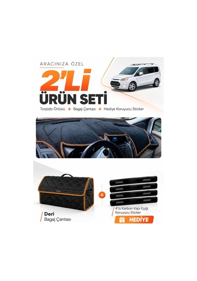 Ford Tourneo Connect 2013-2020 Uyumlu Torpido Örtüsü + Deri Çanta + Sticker - Siyah Kahverengi