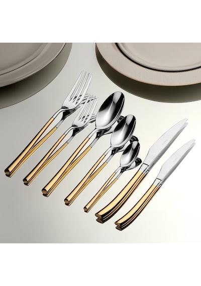 Elegance Altın Sade 84 Parça Deri Kutulu Çatal Kaşık Bıçak Takımı