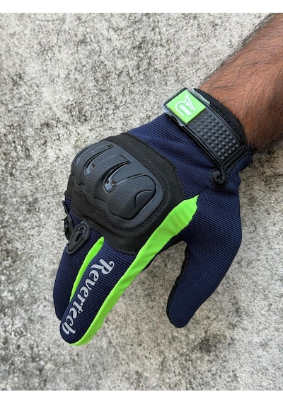 Revertech Aura Lacivert / Neon - Dokunmatik Ekran Uyumlu Erkek Motosiklet Eldiveni + Buff li