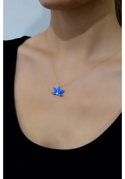 925 Ayar Gümüş Gold Kaplama Lacivert Opal Taşlı Lotus Kolye UVPTS100074-1
