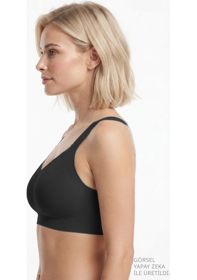 Cottonill Seamless Bra - Elvora Siyah Lazer Kesim Rib Dokulu Tül Detaylı Balensiz Kadın Sütyen