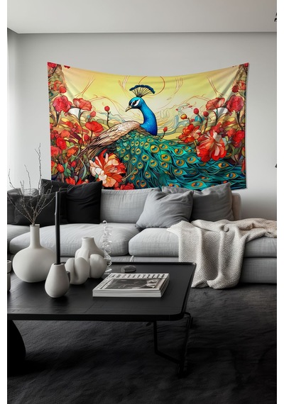 Tavus Kuşu Desenli Duvar Halısı Duvar Örtüsü Tapestry Süet Dokulu Kumaş