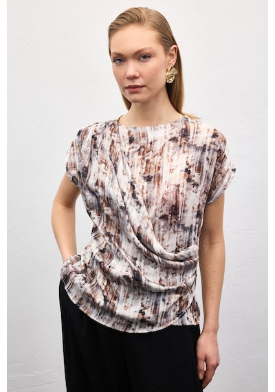 Sateen Pileli Kolsuz Bluz - Kahve-136863 kahve