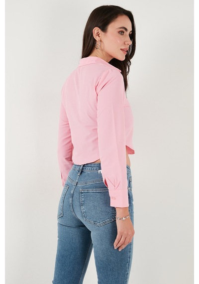 Lela Pamuk Karışımlı Slim Fit Uzun Kollu Crop Bayan Gömlek 6777336 Şeker Pembe