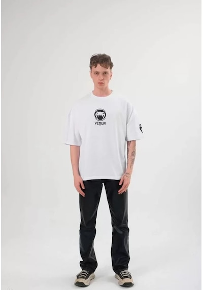 Modi Unisex Bisiklet Yaka Baskılı Oversize T-shirt - Beyaz - Mymg108584