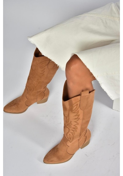 Fox Shoes V820356002 Taba Süet Kalın Topuklu Kadın Çizme Taba