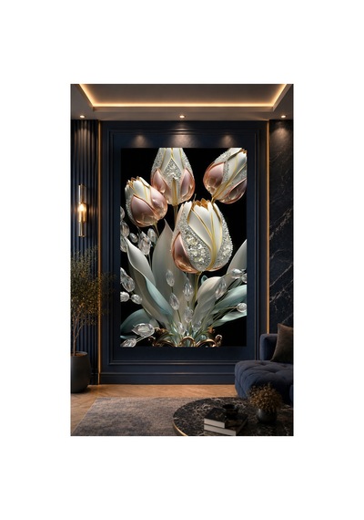 Lüks Çiçek Cam Tablo Kristal Detaylı Beyaz Ve Rose Gold Lale Çiçekleri Temalı Dekoratif Duvar Tablosu Modern Şık Salon Ve Ev Dekorasyonu Uv Baskı