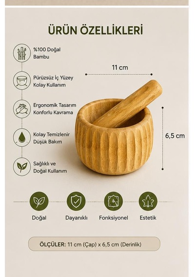 Doğal Bambu Çizgili Havan Ve Tokmak Seti 11x6.5 Cm - Sarımsak Baharat Ezici Ve Öğütücü Ahşap Havan Takımı