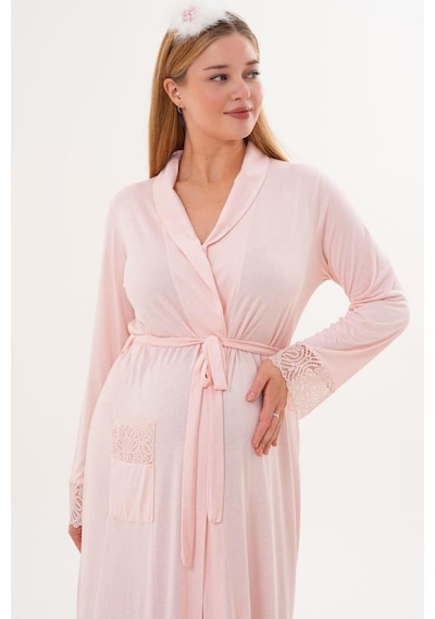 Mecit Pijama Mecit 6306 Pudra Kadın Uzun Kollu Uzun Sabahlık Pudra