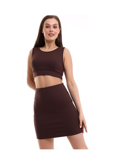 Winmoda34 Kadın Etek-crop 2li Takım Fitilli Kumaş Full Likralı Kahve