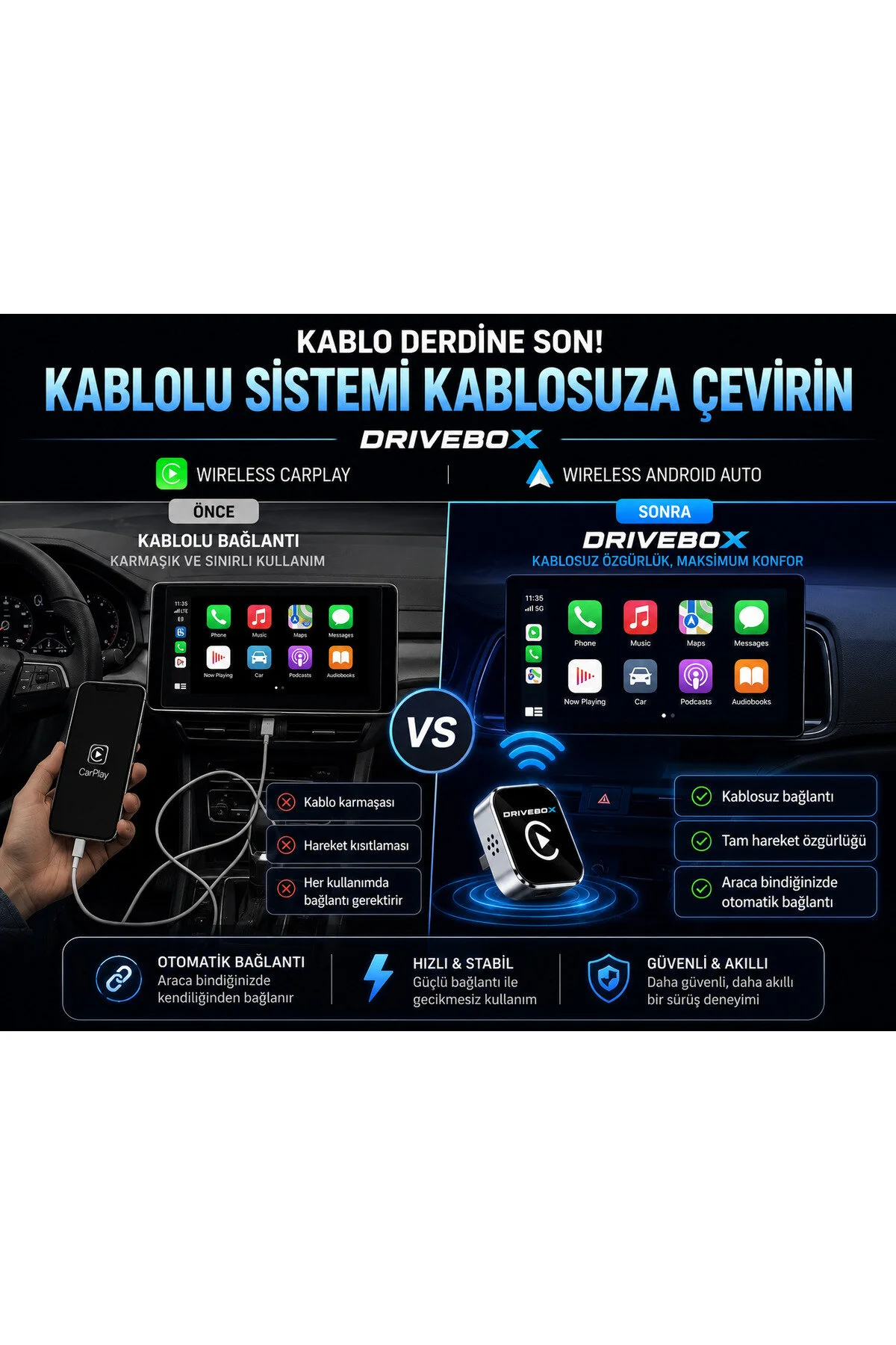 Kablosuz Carplay Android Auto Adaptörü Ekran Yansıtma Screen Mirroring Youtube Destekli Usb Tak Çalıştır Diğer