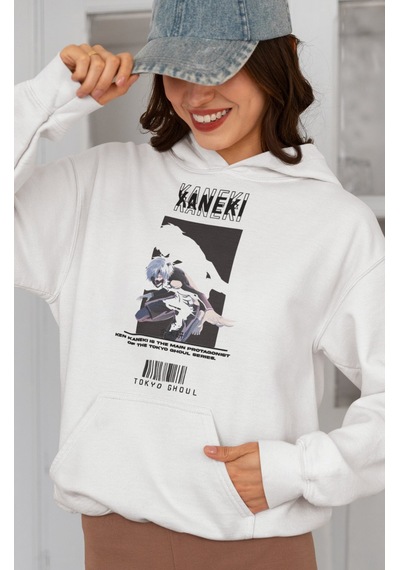 Sevbano Ken Kaneki Tokyo Ghoul Baskılı Unisex Oversize Anime Karakter Hoo beyaz