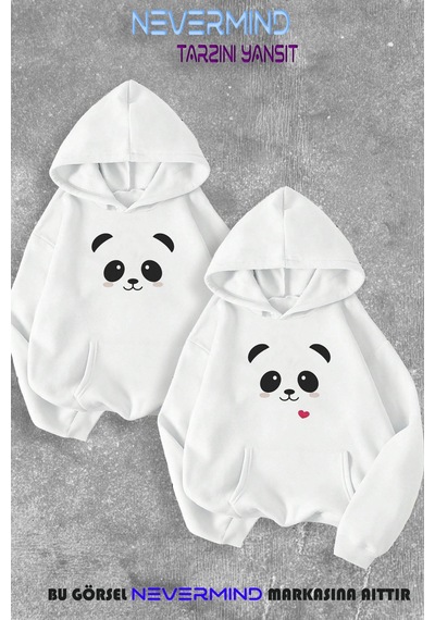 Sevgili Çift Kombini Panda Baskılı Kapüşonlu Sweatshirt 2li Set T Beyaz