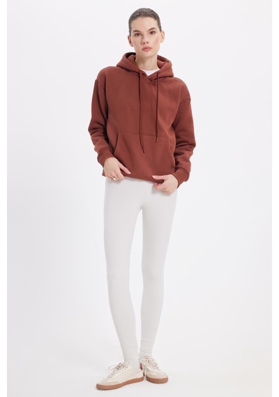 Tudors Kadın Oversize Geniş Kesim Pamuklu Yumuşak Dokulu İçi Polarlı Basic Kahverengi Kapüşonlu Sweatshirt-42082 Kahverengi