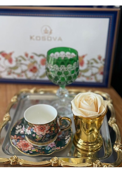 Kosova Çiçekli 6 Kişilik Fincan Takımı- Kosova Çiçekli, Çok Renkli Türk Kahvesi Seti