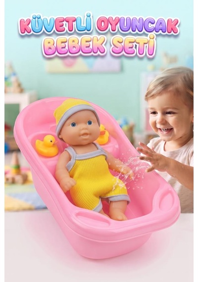 Küvetli Bebek Banyo Seti 25 Cm Oyuncak Bebek Ve Küvet Aksesuarlı Tam Set Sarı