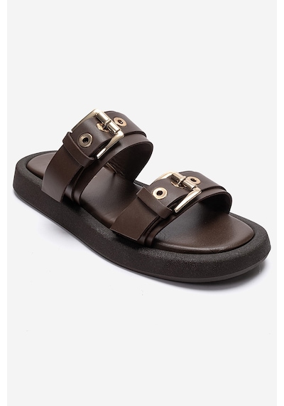 Luvishoes Dorel Kahverengi Hakiki Deri Tokalı Kadın Terlik