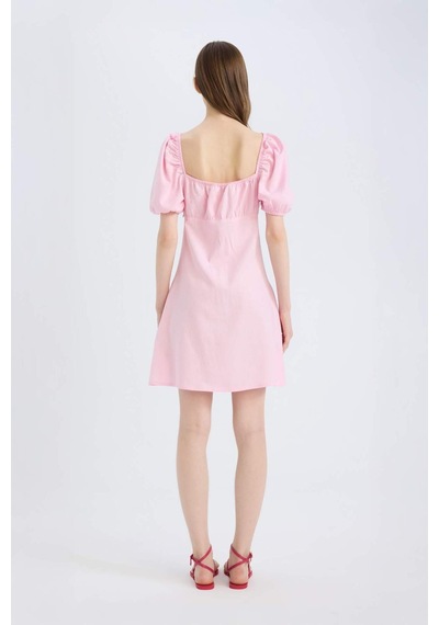 Defacto Kare Yaka Keten Karışımlı Kısa Kollu Mini Elbise D8272ax25smpn663 Pembe-pn663