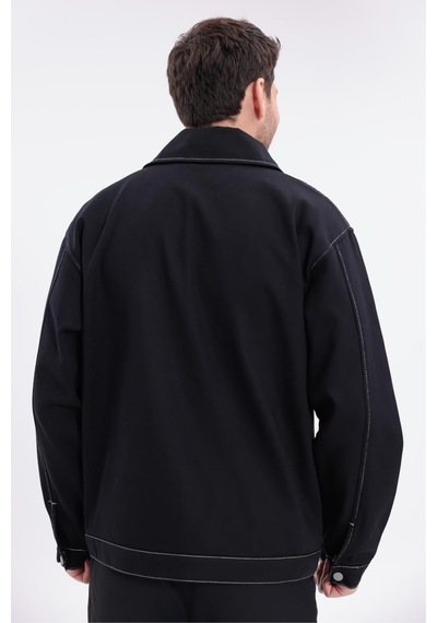 Erkek Dikiş Detaylı Oversize Gabardin Ceket - Mont-392 Siyah