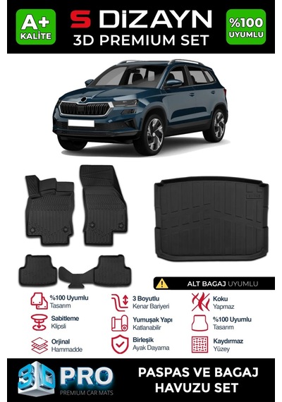 S-dizayn Skoda Karoq 3d Pro Havuzlu Paspas Ve Alt Bagaj Havuzu Seti 2'li Set 2018 Üzeri A+ Kalite