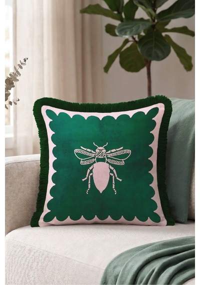 Arı Figürlü Saçaklı Yastık Kılıfı - Elegan Hayvan Temalı Modern Pembe Siyah Püsküllü Kırlent Kılıfı Gri