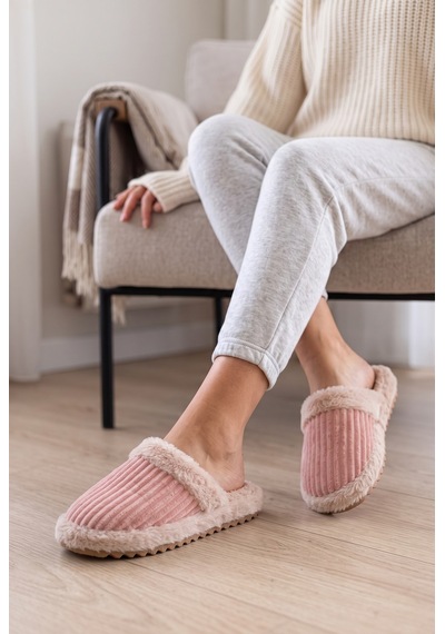 Stwenn Kadın Peluş Ev Terliği Fitilli Kadife Kapalı Burun Yumuşak İç Tabanlı Şık Kışlık Rahat Panduf Modeli Pembe
