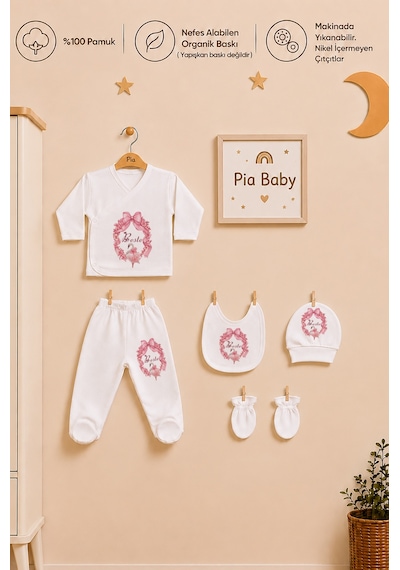 Pia Baby İsme Özel Kız Bebek Hastane Çıkışı 6'lı Set %100 Pamuk Organik Baskılı Battaniyeli Zıbın Seti 1030bz0x Ekru