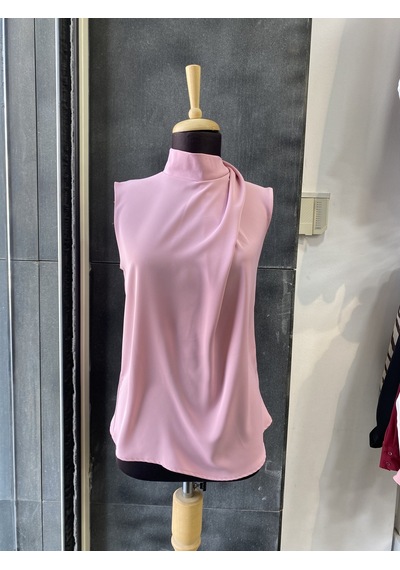 Pera Moda Boğazlı İç Göstermeyen Sıfır Kol Kadın Gömleği Pembe