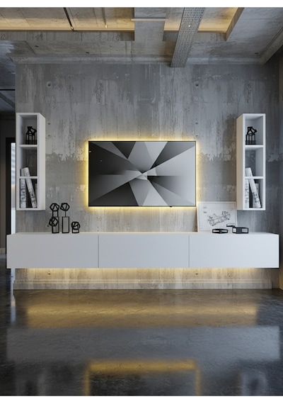 Resital Ledli Duvara Monte Tv Sehpası - Beyaz - W6007-1 Beyaz