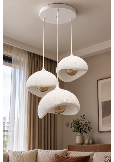 Beton Görünümlü 3'lü Sarkıt Avize Bohem Modern Salon Yemek Masası 3 Rustik Led Ampul Hediyeli Beyaz