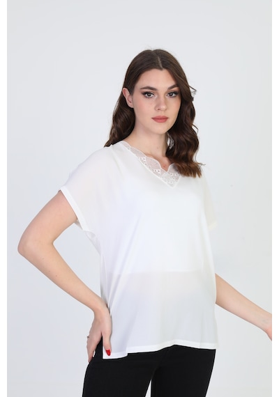 Ella Camelia Kadın Yakası Dantel Detaylı Bluz 20E020 Ekru