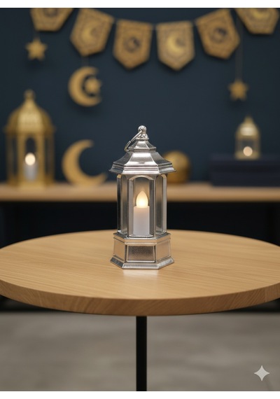 Ramazan Ledli Dekoratif Fener Parlak Gümüş Renk 10 Cm Masa Ve Raf Süsü Diğer