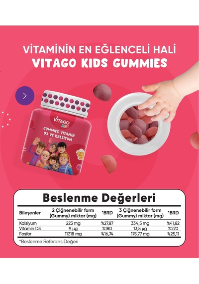 Vitago Kids Gummies Vitamin D3 Kalsiyum İçeren Takviye Edici Gıda 60 Kapsül
