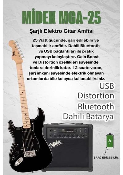 Midex Rph-31bk-25amp Solak Elektro Gitar 25w Amfili Full Set