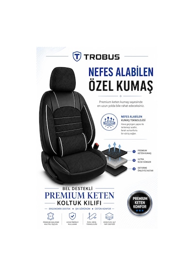 Levante Serisi Bel Destekli Keten Füme Beyaz Üniversal Koltuk Kılıfı Tam Set