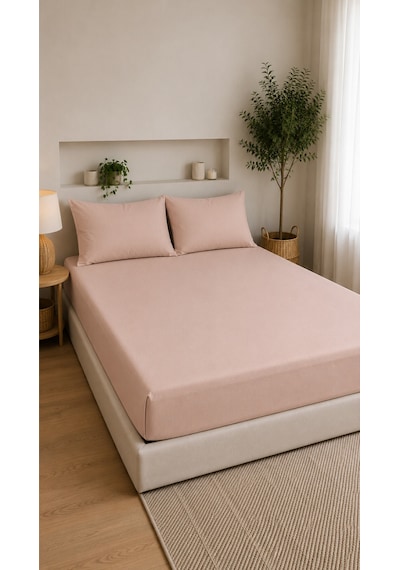 Çift Kişilik Lastikli Çarşaf Takımı 2 Adet Yastık Kılıflı 50x70 160x200+30 %100 Pamuk Pudra