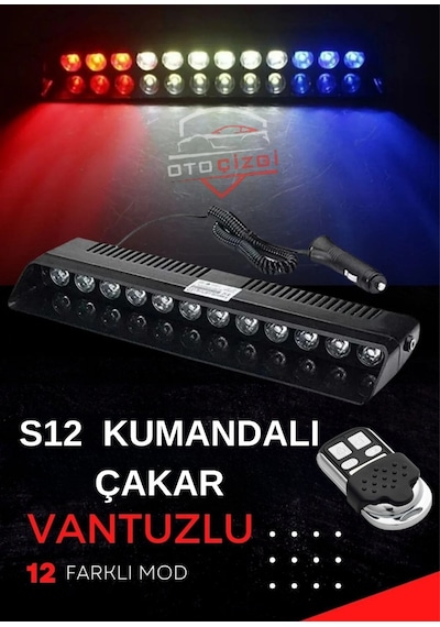 S12 Cam İçi Profesyonel İkaz Lambası Vantuzlu, Çakmaklık Girişli, Kumandalı, 3 Renk Kırmızı-mavi-beyaz