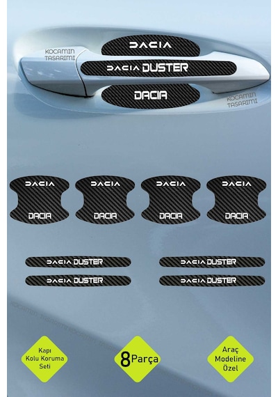 Dacia Duster Kapı Kolu Koruma Karbon Desenli Duster Serisi İçin 8 Parça Beyaz Yazılı Folyo Seti