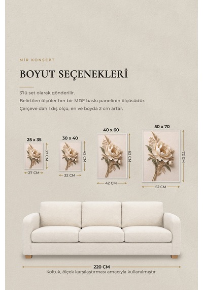 Beyaz Çerçeveli Ivory Meadow Peony 3 Lü Ahşap Çerçeveli Mdf Tablo Seti Şakayık, Lavanta Ve Papatya Kuru Çiçek Temalı Kabartma Görünümlü Renk: Beyaz